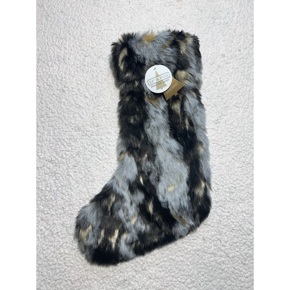 34th & Pine Luxury Shaggy Faux Fur 22" Christmas Stocking Gray Gold NWT